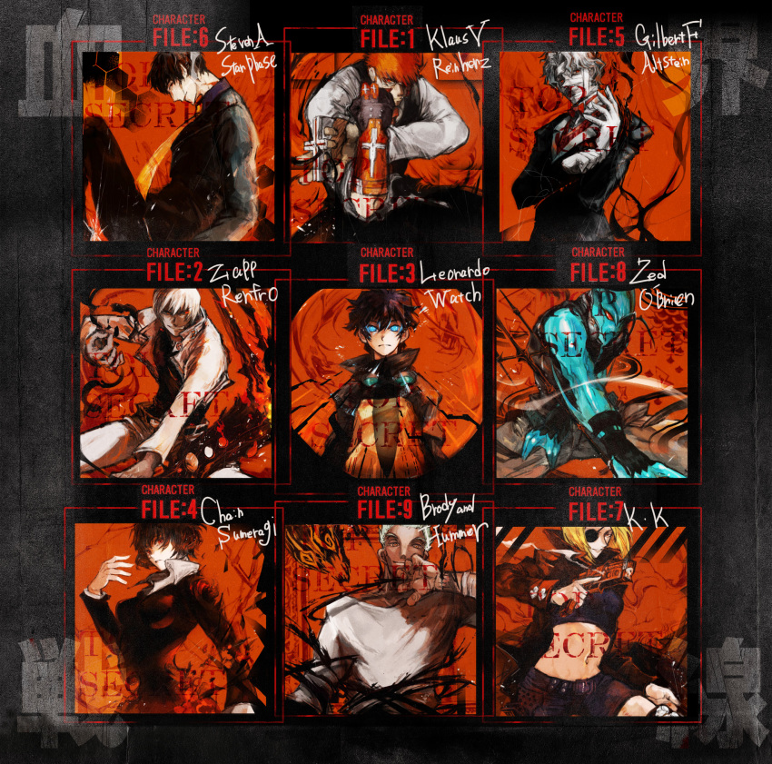 2girls, 6+boys, bad_id, bad_pixiv_id, chain_sumeragi, deldro_brody, doug_hammer, gilbert_f._altstein, highres, k.k._(kekkai_sensen), kekkai_sensen, leonardo_watch, multiple_boys, multiple_girls, steven_a._starphase, sumaoskirt, zed_o'_brien