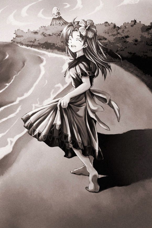 1girl, ^_^, ^o^, ahoge, barefoot, beach, bow, closed_eyes