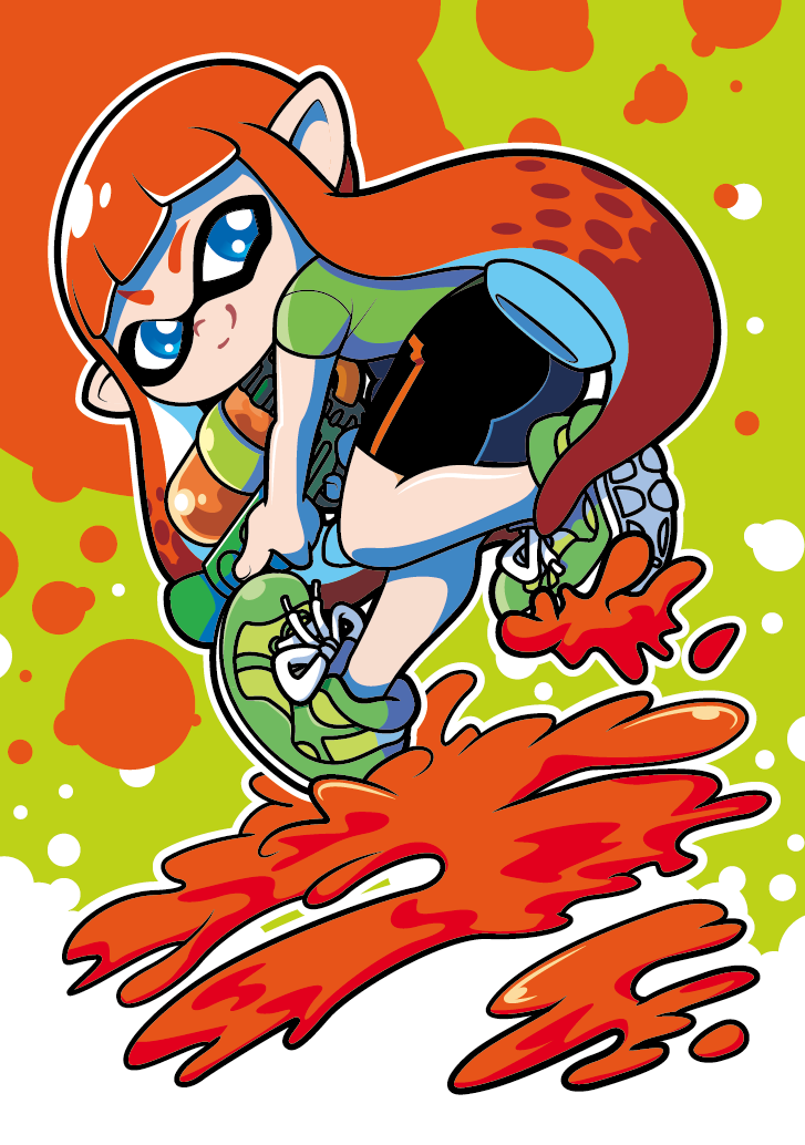 1girl, bike_shorts, blue_eyes, female_focus, inkling, inkling_girl, inkling_player_character, long_hair
