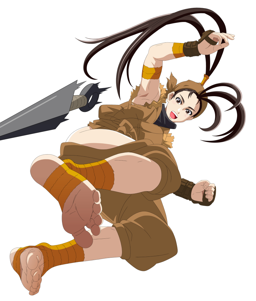 1girl, absurdres, action, ankle_wrap, armpits, bare_hips, barefoot, capcom