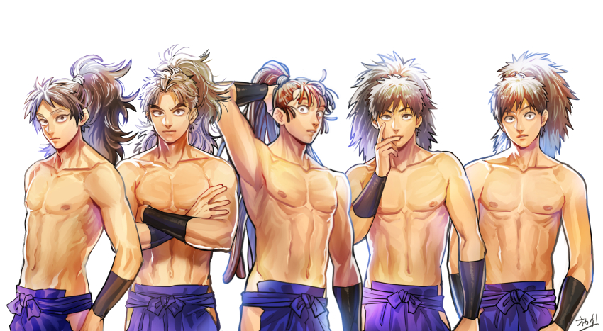 5boys, brown_eyes, brown_hair, clothing_cutout, collage, collarbone, constricted_pupils, crossed_arms