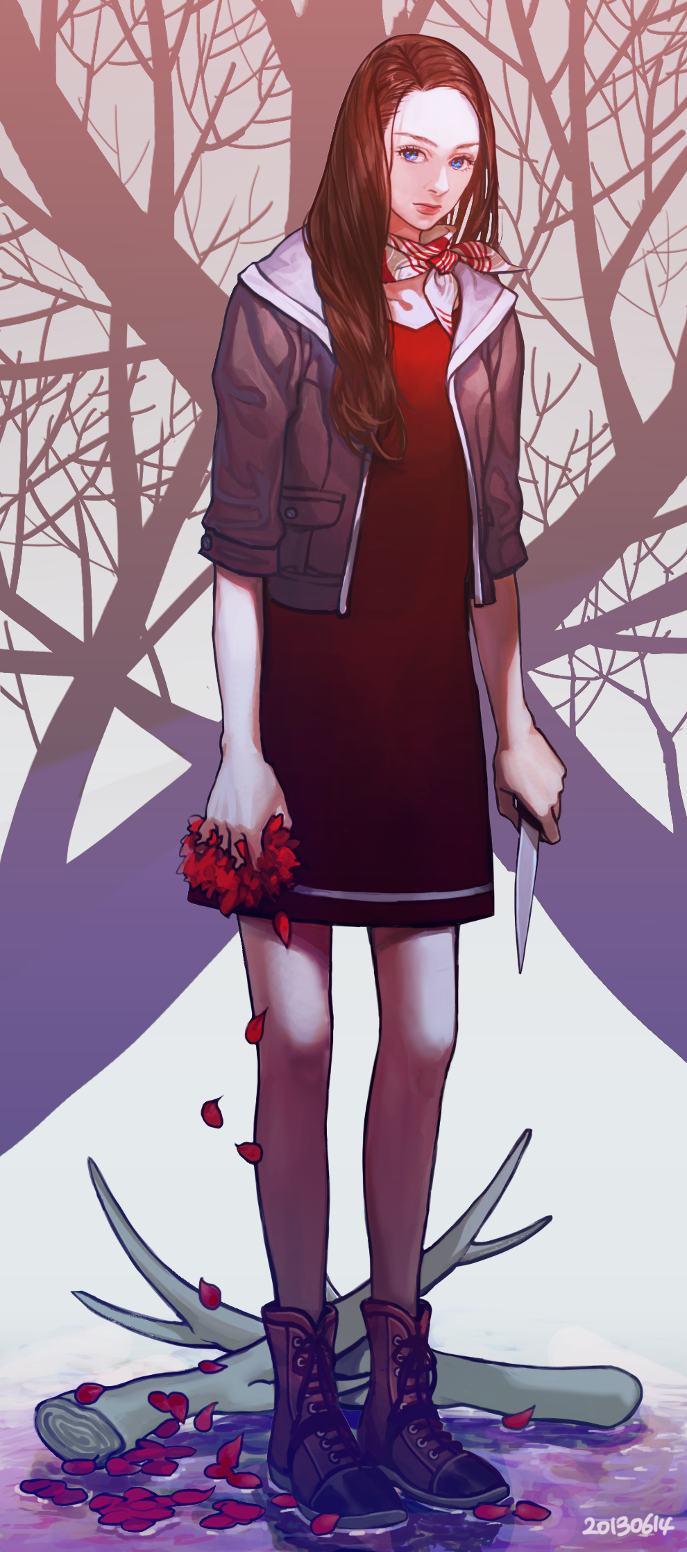 1girl, abigail_hobbs, bare_tree, black_hair, blue_eyes, boots, brown_hair, dated