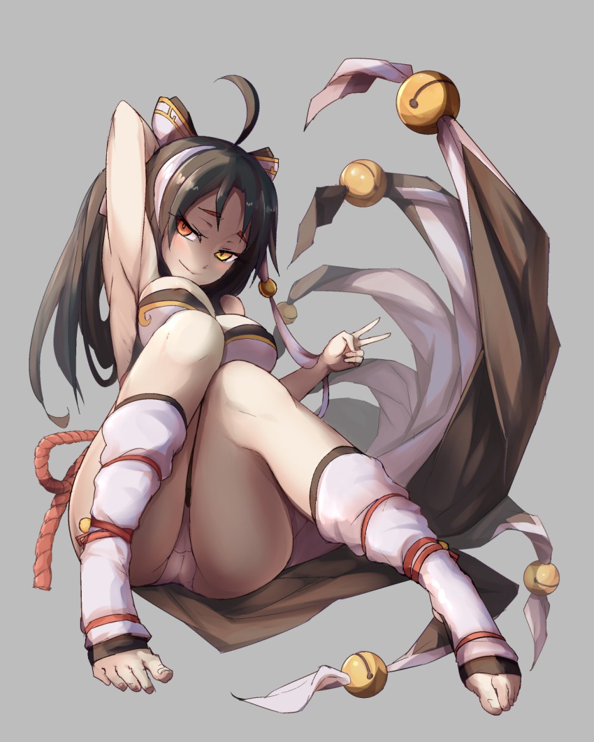 1girl, ahoge, ara_haan, ara_han, armpits, arms_up, asura_(elsword), barefoot, bell, black_hair, blush, breasts, elsword, feet, female_focus, full_body, hair_ornament, hair_ribbon, heterochromia, highres, large_breasts, long_hair, looking_at_viewer, multicolored_hair, panties, red_eyes, ribbon, simple_background, smile, solo, toeless_legwear, toes, two-tone_hair, underwear, v, waero, white_hair, white_legwear, white_panties, white_ribbon, yellow_eyes