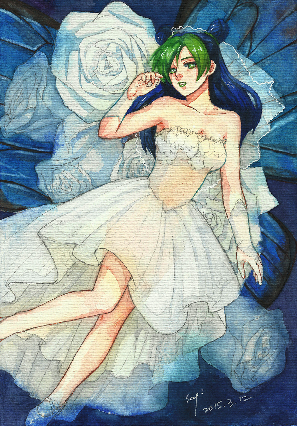 1girl, blue_hair, blue_theme, breasts, bug, butterfly, cleavage, cone_hair_bun, dated, dress, female_focus, flower, green_eyes, green_hair, green_lips, hair_bun, highres, insect, jojo_no_kimyou_na_bouken, kuujou_jolyne, lipstick, lying, makeup, matching_hair/eyes, multicolored_hair, painting_(medium), sagi, signature, solo, traditional_media, two-tone_hair, watercolor_(medium), wedding_dress, white_flower