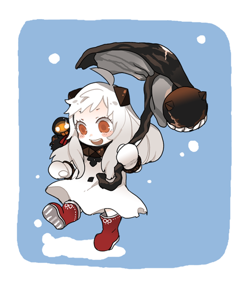 10s, 1girl, :d, abyssal_ship, ahoge, boots, dress, eishi2003, female_focus, horns, kantai_collection, long_hair, mittens, northern_ocean_princess, open_mouth, smile, solo, teruterubouzu, umbrella, white_dress, white_hair