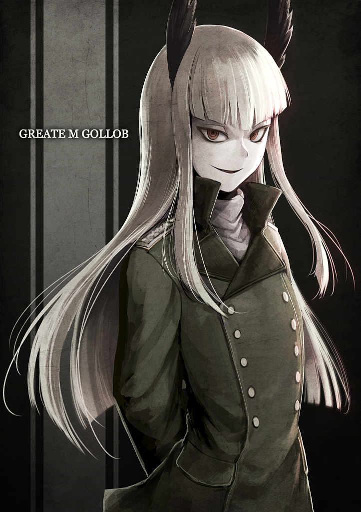 1girl, animal_ears, arms_behind_back, bags_under_eyes, blonde_hair, blunt_bangs, character_name, coat