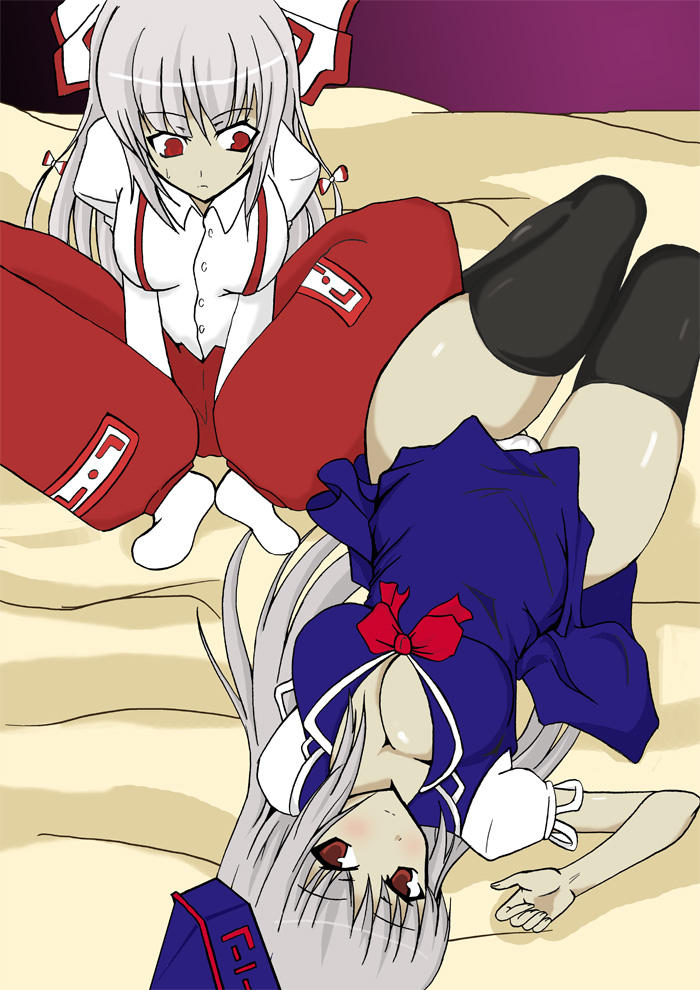 2girls, albino, bad_id, bad_pixiv_id, bed, breasts, cleavage, dande, female_focus, fujiwara_no_mokou, kamishirasawa_keine, large_breasts, medium_breasts, multiple_girls, panties, pantyshot, red_eyes, thighhighs, touhou, underwear, white_hair