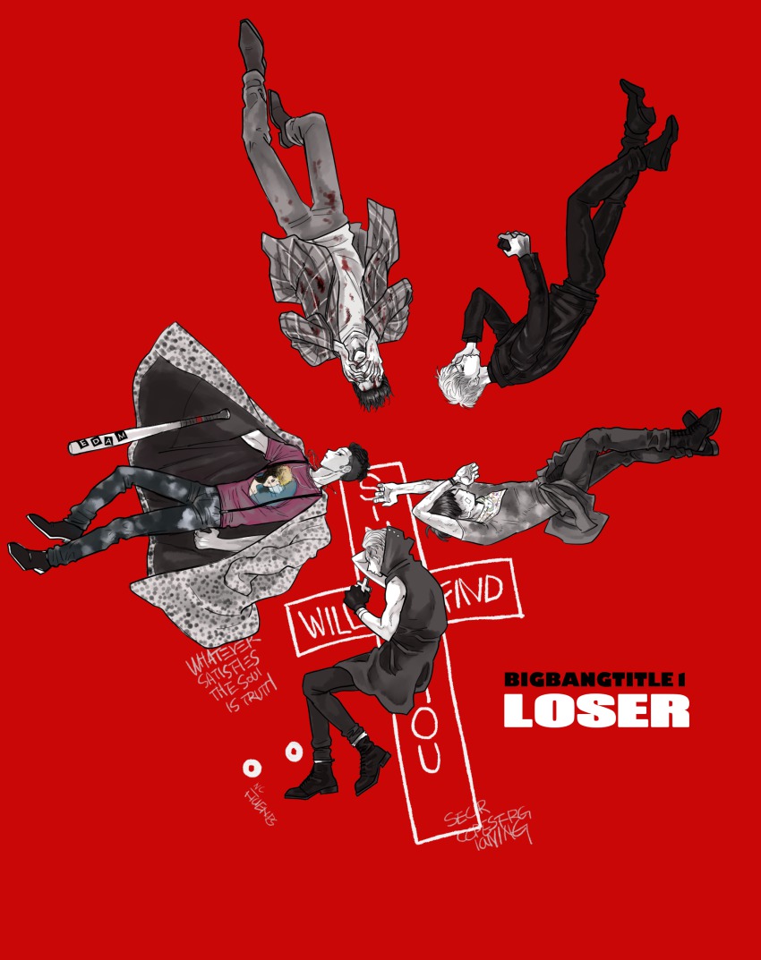 5boys, absurdres, bandages, bandana, baseball_bat, bigbang, blood, boots