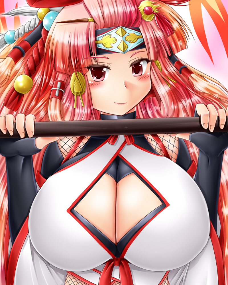 1girl, baroque20320514fu, blush, breasts, chiyome_(p&amp;d), cleavage, cleavage_cutout, clothing_cutout, female_focus, huge_breasts, long_hair, looking_at_viewer, puzzle_&amp;_dragons, red_eyes, red_hair, smile, solo, upper_body