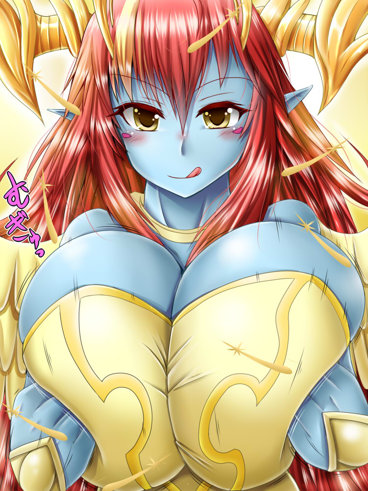 baroque20320514fu, blush, breasts, cleavage, hera-sowilo_(p&amp;d), huge_breasts, looking_at_viewer, monster_girl, puzzle_&amp;_dragons, red_hair, yellow_eyes