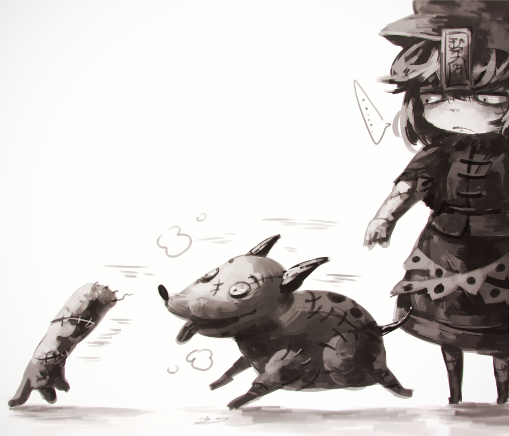 1girl, dismemberment, dog, frankenweenie, hat, koto_inari, miyako_yoshika, monochrome