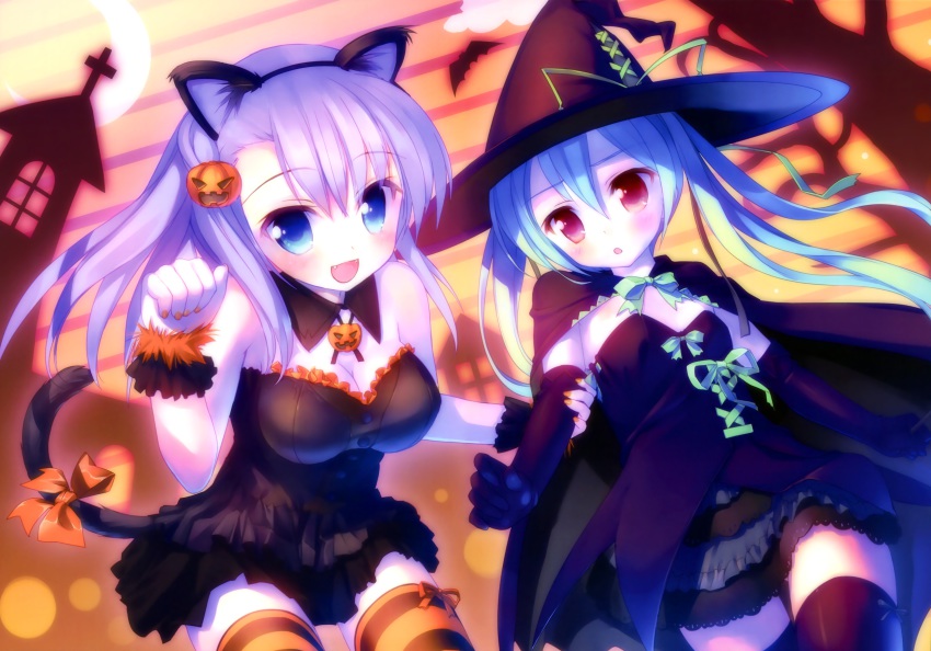2girls, absurdres, aete_mushisuru_kimi_to_no_mirai, animal_ears, arm_grab, bat_(animal), black_dress, black_legwear