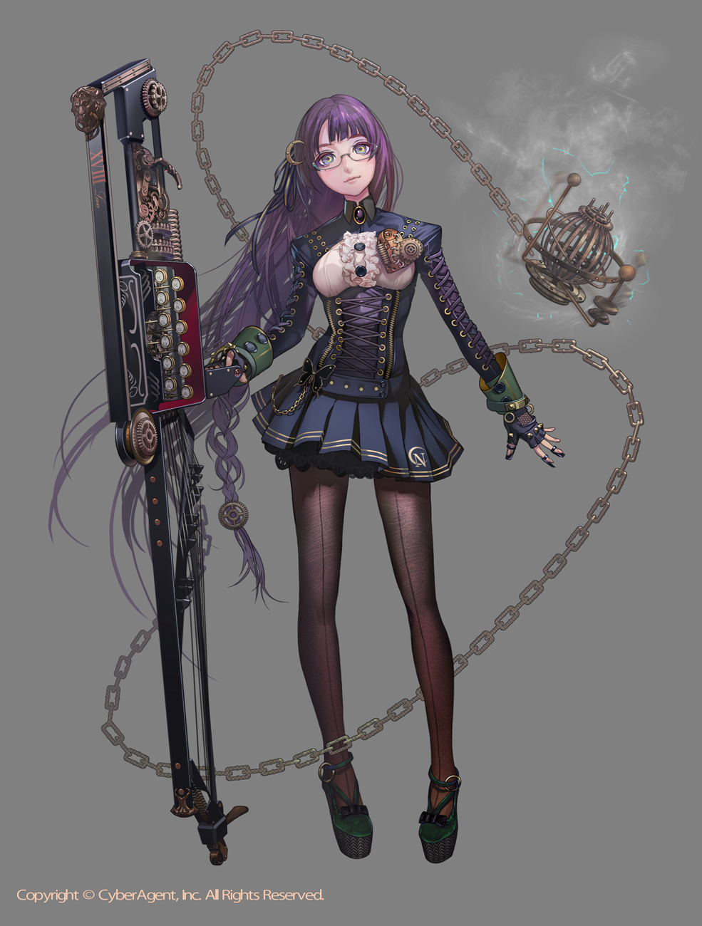 1girl, breasts, bug, butterfly, chain, crescent, crescent_hair_ornament, female_focus, fingerless_gloves, full_body, glasses, gloves, grey_background, hair_ornament, highres, insect, instrument, kaguya_hime_(otogear), long_hair, medium_breasts, official_art, otogear, pantyhose, pigeon-toed, purple_eyes, purple_hair, simple_background, skirt, solo, standing, tomono_rui, very_long_hair