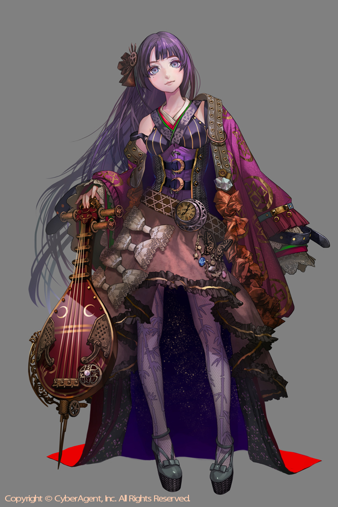 1girl, belt, breasts, bug, butterfly, clock, dress, female_focus, fishnet_pantyhose, fishnets, full_body, grey_background, insect, instrument, kaguya_hime_(otogear), long_hair, lute_(instrument), medium_breasts, off_shoulder, official_art, otogear, pantyhose, pigeon-toed, purple_eyes, purple_hair, simple_background, solo, standing, tomono_rui, very_long_hair