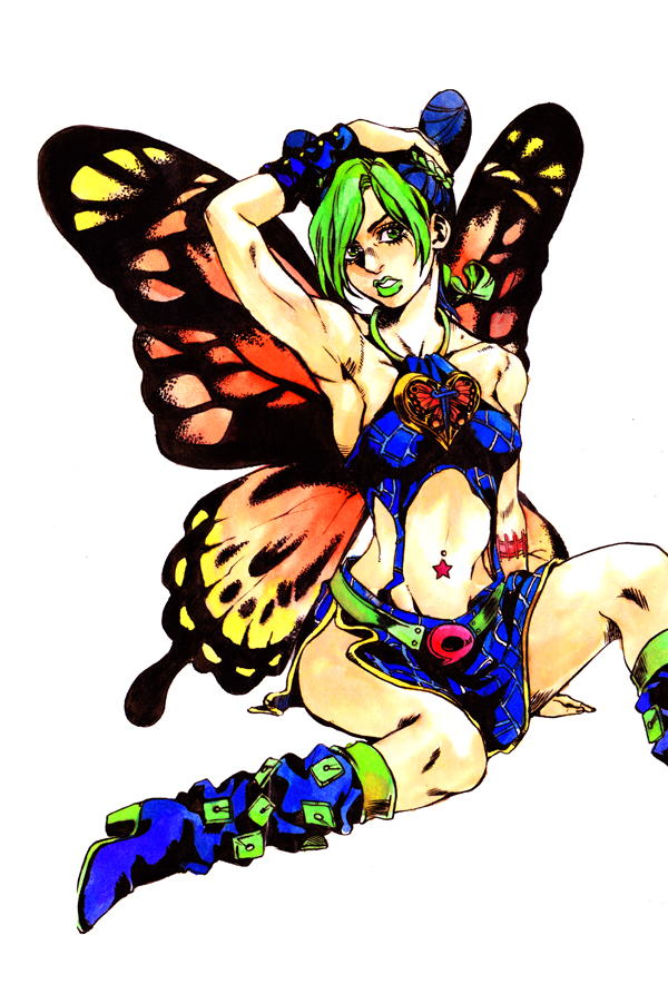 1girl, araki_hirohiko_(style), blue_hair, boots, braid, bug, butterfly, cone_hair_bun