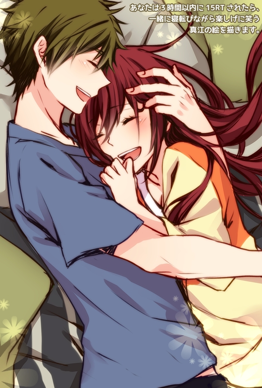 10s, 1boy, 1girl, ^_^, closed_eyes, free!, hetero, hug