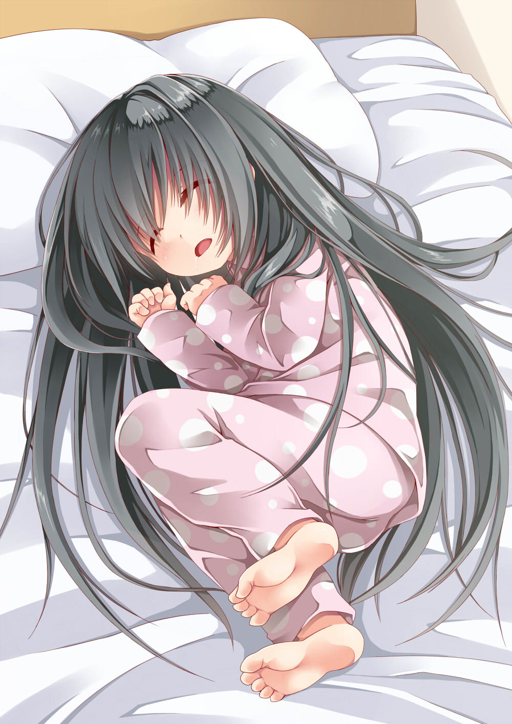 1girl, artistic_error, barefoot, bed, black_hair, child, creek_(moon-sky), fang