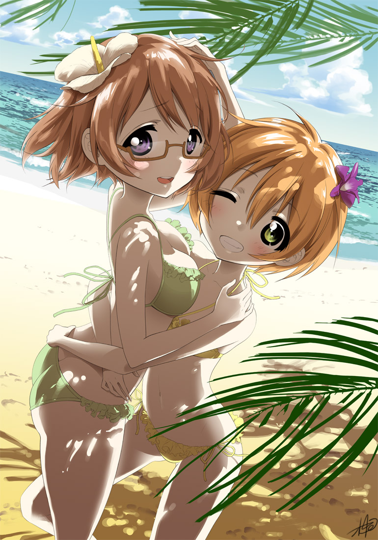 10s, 2girls, :d, arms_around_another's_waist, ass, asymmetrical_docking, beach, between_legs