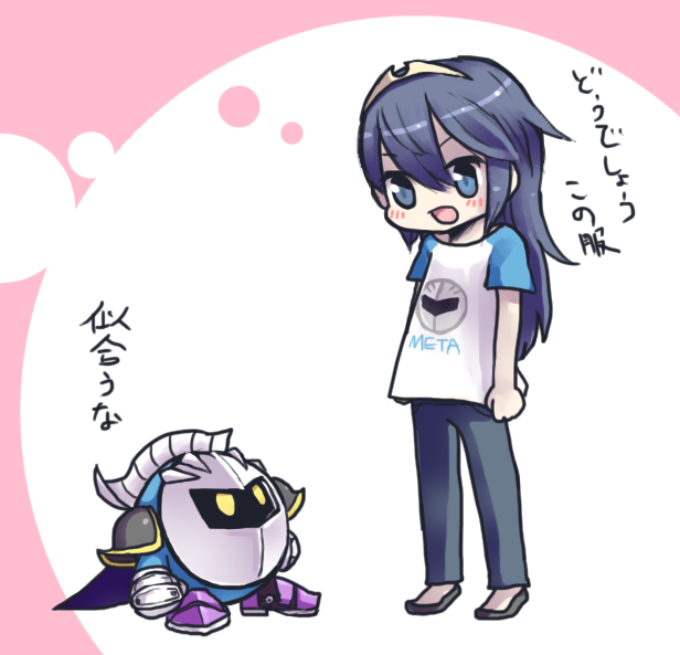 1boy, 1girl, blue_eyes, blue_hair, cape, fire_emblem, fire_emblem_awakening, kirby_(series), long_hair, lucina_(fire_emblem), mask, meta_knight, nintendo, reironsenzai, shirt, super_smash_bros., t-shirt, tiara, translated