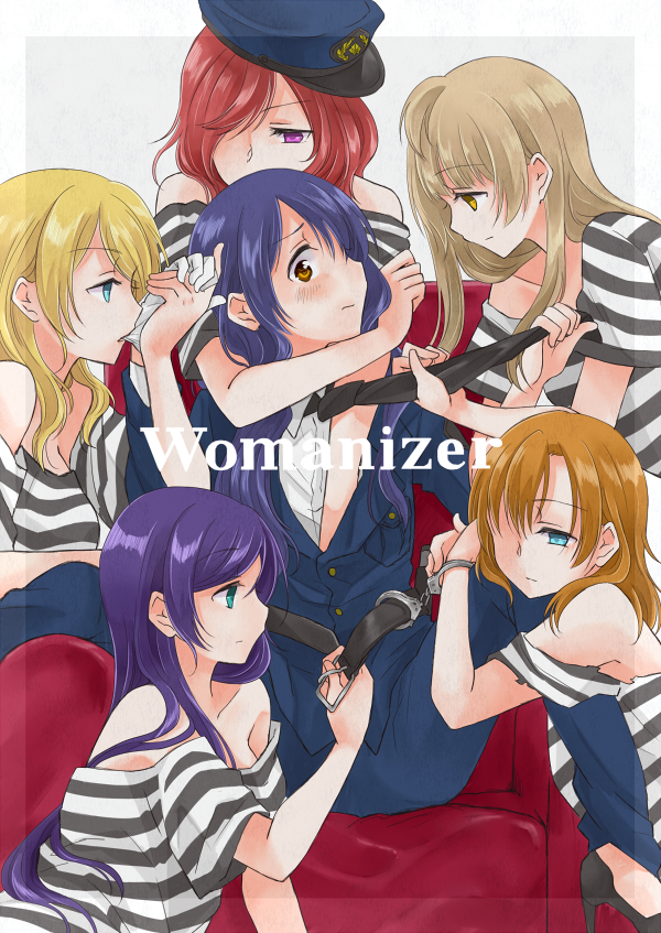 10s, 6+girls, ayase_eli, belt, black_hair, blonde_hair, blue_eyes, blush