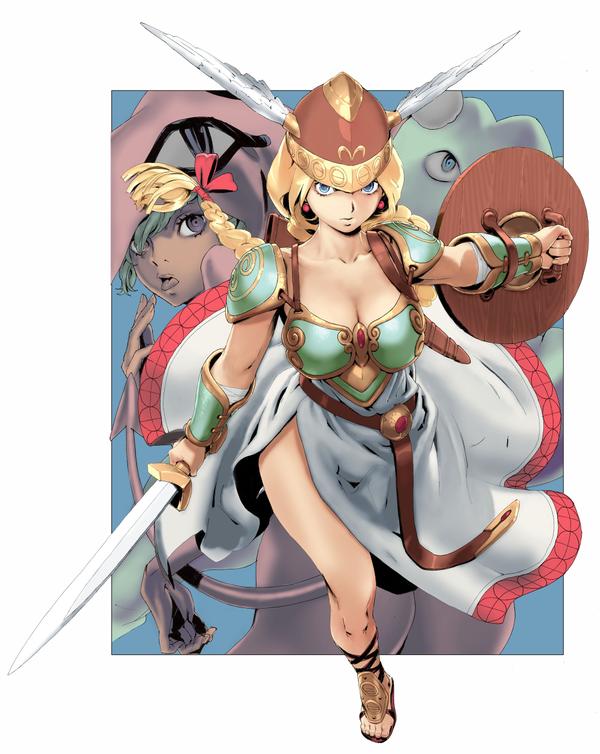 2girls, armor, armored_dress, bandai_namco, blonde_hair, blue_eyes, braid, breasts, cleavage, dress, gladiator_sandals, head_wings, helmet, long_hair, looking_at_viewer, md5_mismatch, multiple_girls, namco, resized, sabine, sandals, shield, single_braid, skirt, sword, valkyrie, valkyrie_(vnd), valkyrie_no_densetsu, weapon, winged_helmet, wings, yasuda_akira