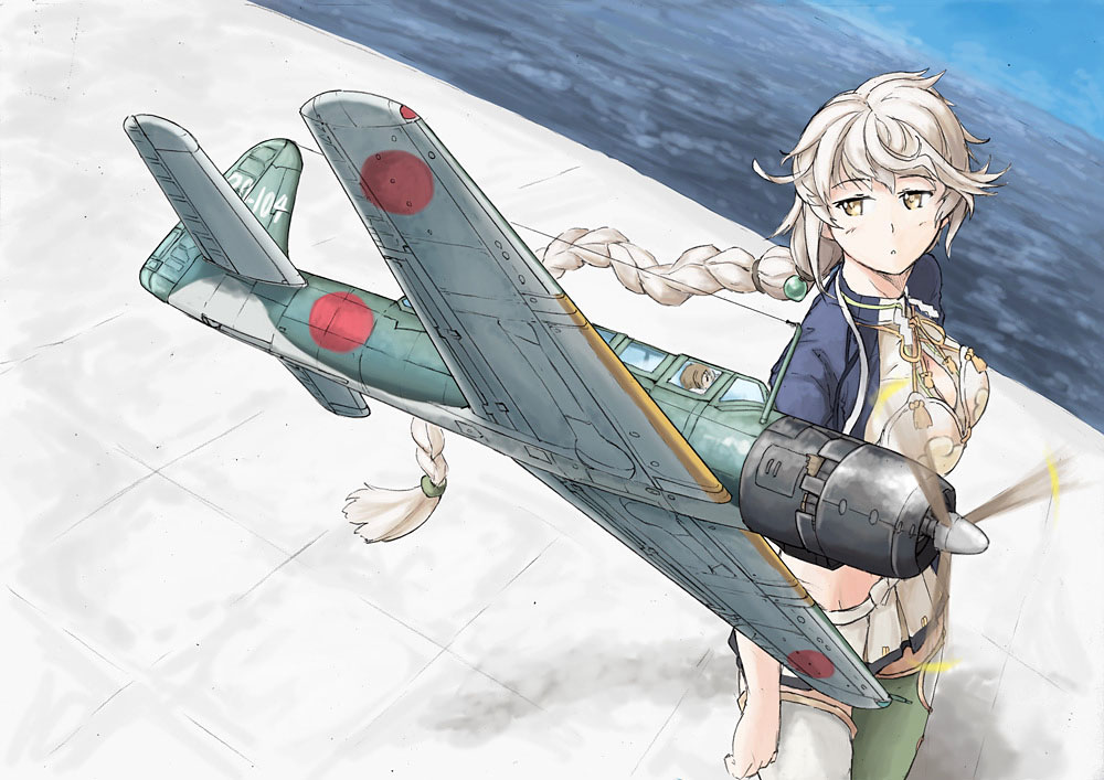 10s, 2girls, :o, aircraft, airplane, arms_at_sides, braid, cleavage_cutout