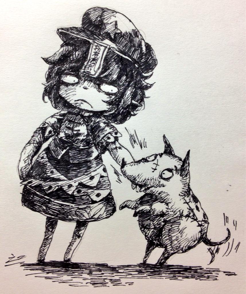 1girl, biting, dog, frankenweenie, hat, koto_inari, miyako_yoshika, monochrome
