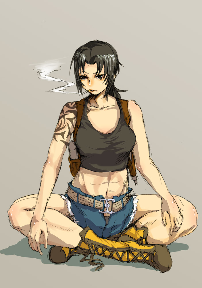 1girl, abs, belt, black_hair, black_lagoon, boots, breasts, brown_eyes