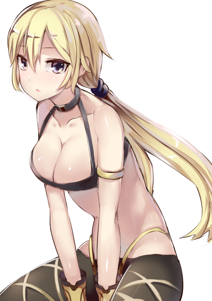 1girl, armlet, battery_aida_ni_misu_ga_deta, between_legs, blonde_hair, breasts, cleavage, collarbone, cowboy_shot, female_focus, gina_(sennen_sensou_aigis), gloves, halterneck, hand_between_legs, jewelry, long_hair, looking_at_viewer, low_ponytail, medium_breasts, midriff, ponytail, purple_eyes, scrunchie, sennen_sensou_aigis, sitting, solo, white_background