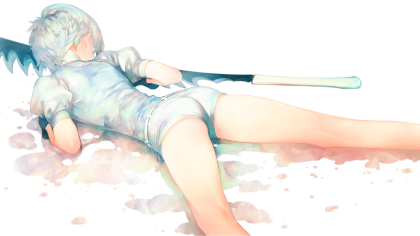 10s, 1other, absurdres, androgynous, antarcticite, ass, gender_request, highres, houseki_no_kuni, iwai_ryou, lying, on_stomach, short_hair, short_shorts, shorts, simple_background, solo, sword, weapon, white_background, white_hair