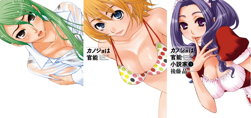 3girls, bikini, blue_eyes, breasts, cover, gotoh_akira, green_hair, highres, large_breasts, long_hair, maid, multiple_girls, office_lady, orange_hair, purple_eyes, purple_hair, short_hair, swimsuit, teacher, uniform