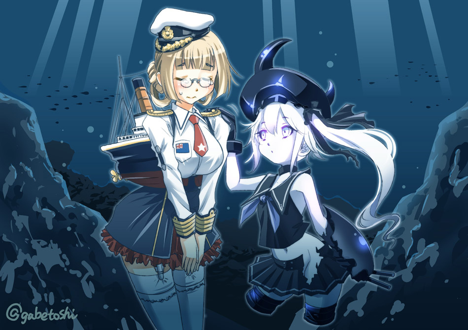 10s, 2girls, abyssal_ship, bare_shoulders, blonde_hair, closed_eyes, destroyer_princess, garter_straps