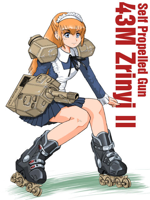1girl, apron, blonde_hair, blue_eyes, boots, character_name, female_focus, flak_(aaa's_room), long_hair, maid_headdress, military, military_vehicle, original, personification, pleated_skirt, roller_skates, self-propelled_gun, skates, skirt, solo, stoop, vehicle, world_war_ii, zrinyi_ii