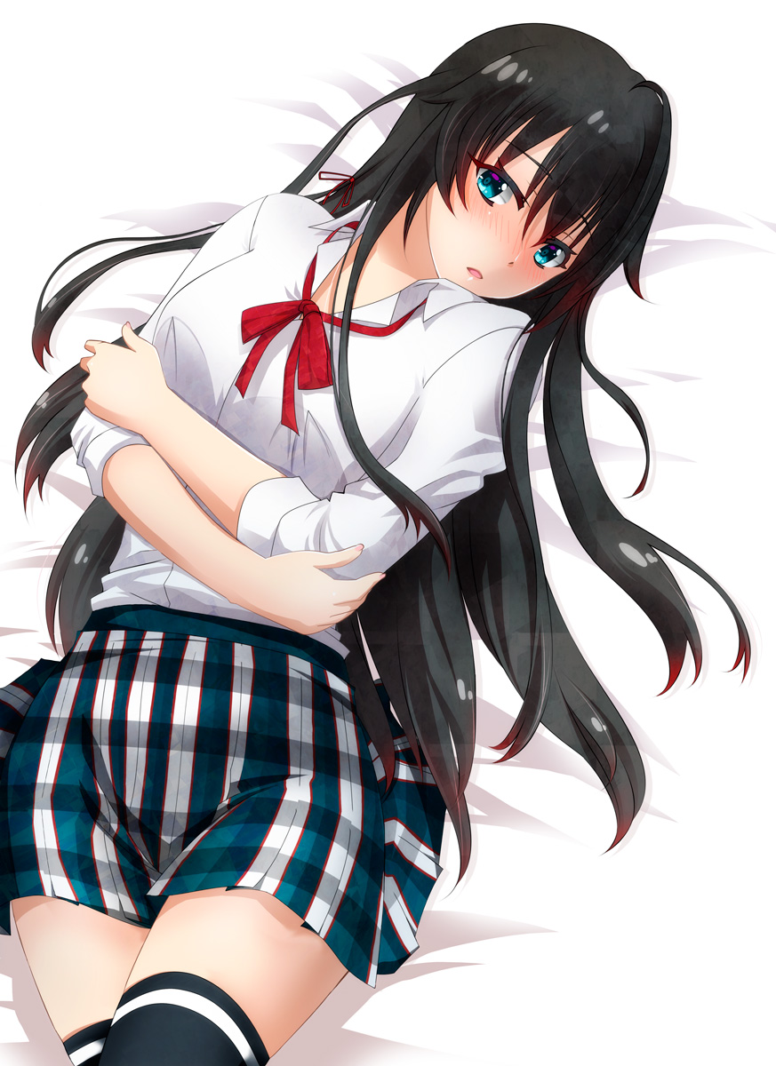 10s, 1girl, bed, black_hair, blue_eyes, blush, female_focus, hair_ribbon