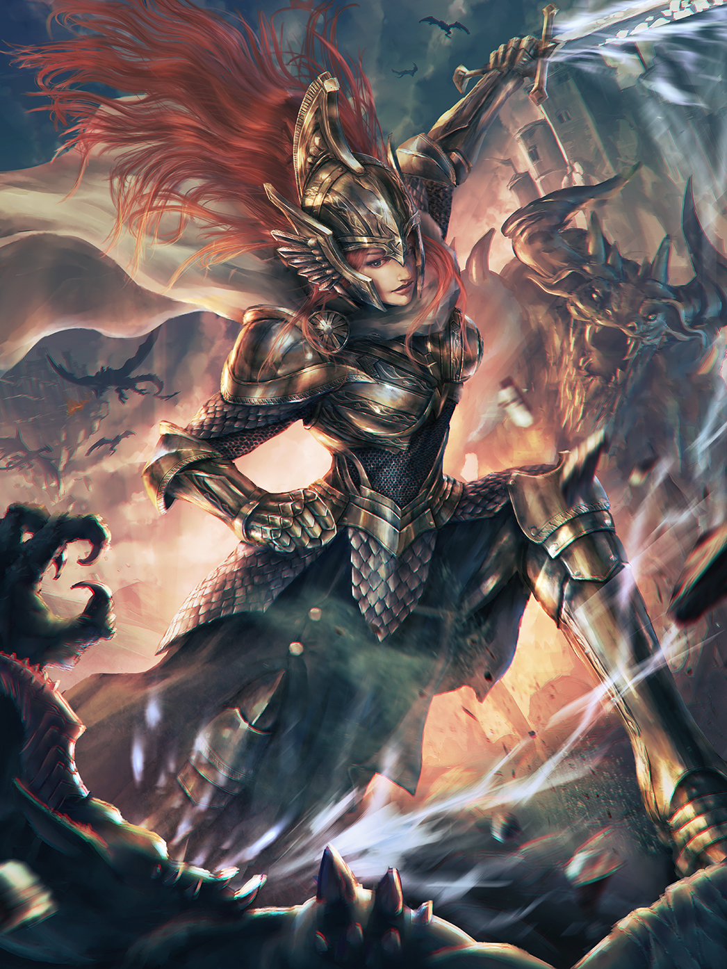 1girl, armor, armored_boots, blue_eyes, boots, castle, chainmail, dragon, gauntlets, helmet, highres, long_hair, monster, original, pauldrons, red_hair, scale_armor, shoulder_armor, sword, tani_(tanidesuyo), weapon, winged_helmet