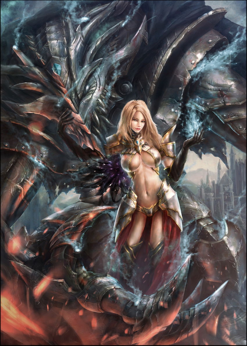 1girl, armor, bikini_armor, blonde_hair, boots, breasts, demon, elbow_gloves, gloves, highres, long_hair, midriff, original, tani_(tanidesuyo), underboob, yellow_eyes