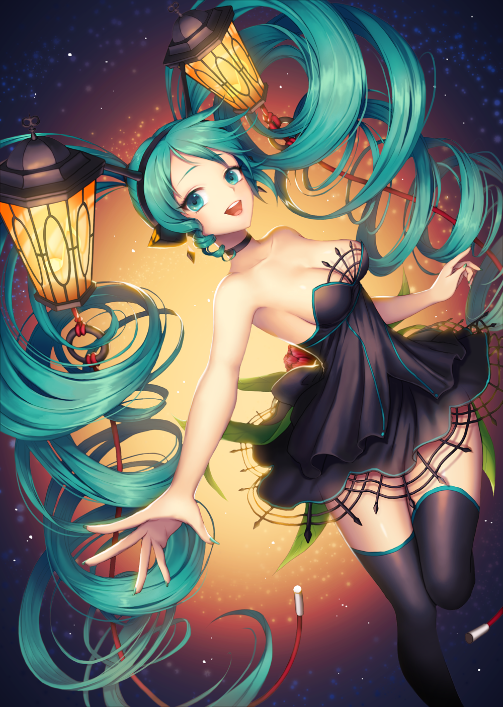 1girl, :d, alternate_hairstyle, aqua_eyes, aqua_hair, aqua_nails, bare_arms, black_dress