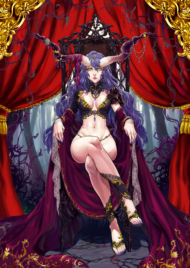 1girl, amanna, armchair, breasts, chair, cleavage, crossed_legs, curly_hair, curtains, female_focus, high_heels, horns, jewelry, long_hair, looking_at_viewer, lots_of_jewelry, monster_girl, nail_polish, navel, original, purple_hair, sash, sitting, solo, throne, tiara, very_long_hair