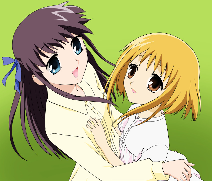 2girls, absurdres, blue_eyes, brown_eyes, brown_hair, derivative_work, fruits_basket, hair_ribbon