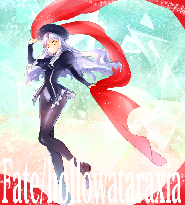 1girl, caren_hortensia, copyright_name, fate/hollow_ataraxia, fate_(series), female_focus, hat, leotard, long_hair, pantyhose, scarf, shroud, shroud_of_magdalene, solo, white_hair, yakan_(kusogaki_teikoku), yellow_eyes