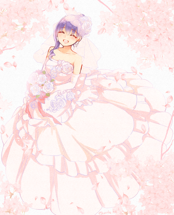 1girl, bouquet, bridal_veil, bride, dress, fate/stay_night, fate_(series), female_focus, flower, gown, hair_bun, matou_sakura, purple_hair, shitaya_noriko, single_hair_bun, solo, veil, voice_actor_connection, wedding_dress, yakan_(kusogaki_teikoku)