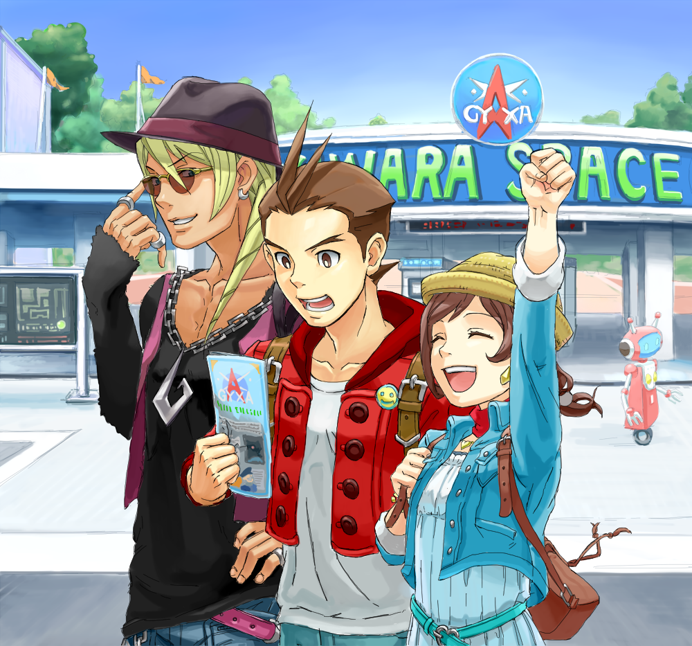1girl, 2boys, ace_attorney, ahoge, alternate_costume, apollo_justice, bad_id, bad_pixiv_id