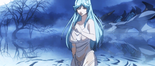 1girl, animated, animated_gif, blue_hair, bouncing_breasts, breasts, cleavage, dress