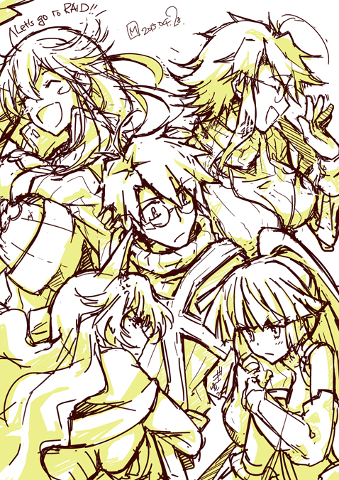 10s, 1boy, 4girls, :d, ^_^, ahoge, akatsuki_(log_horizon), anger_vein