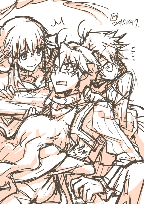 10s, 1boy, 3girls, ^^^, ahoge, animal_ears, blush, breasts