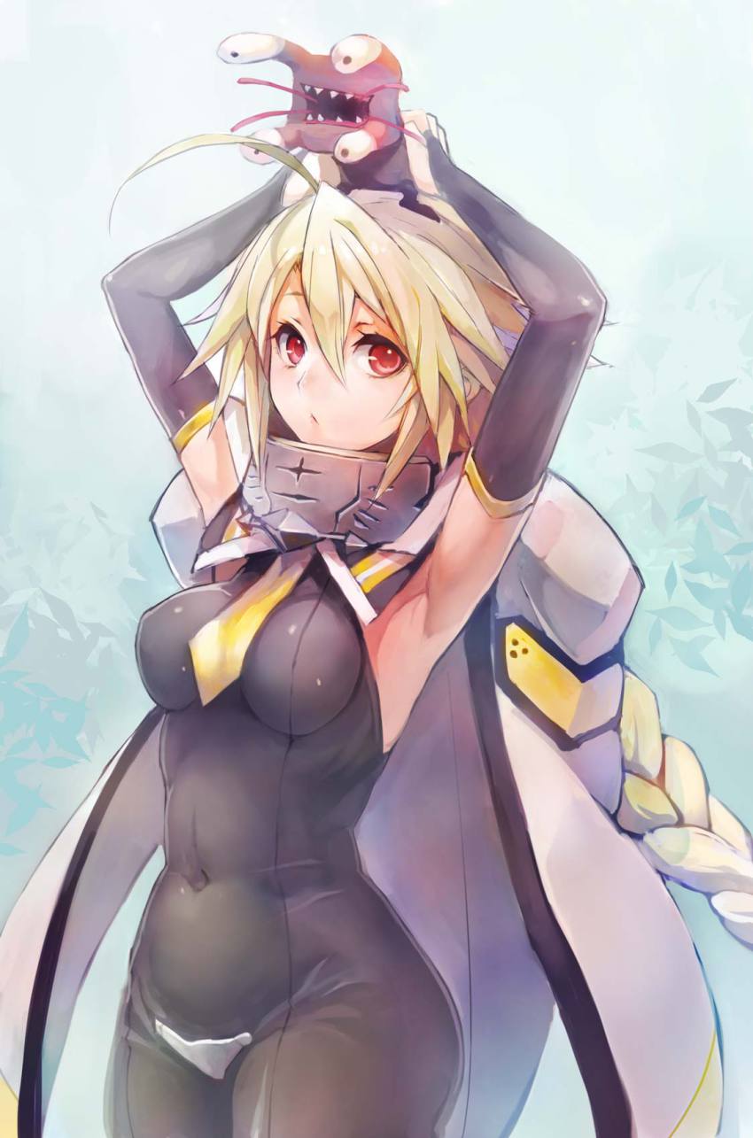 1girl, armpits, arms_up, blazblue, blonde_hair, bodysuit, braid, breasts, bridal_gauntlets, cape, female_focus, highres, lambda-11, long_hair, looking_at_viewer, monster, red_eyes, solo, taishi_(picchiridou), tartar, very_long_hair