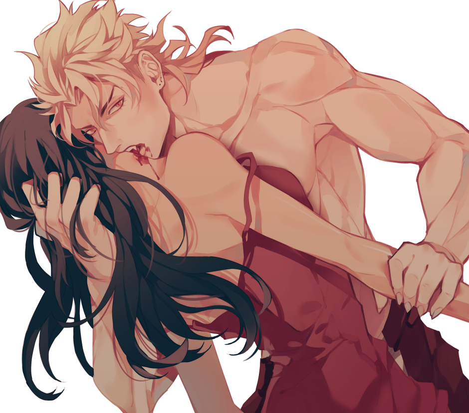 1boy, 1girl, bad_id, bad_pixiv_id, birthmark, blonde_hair, blood, brown_hair