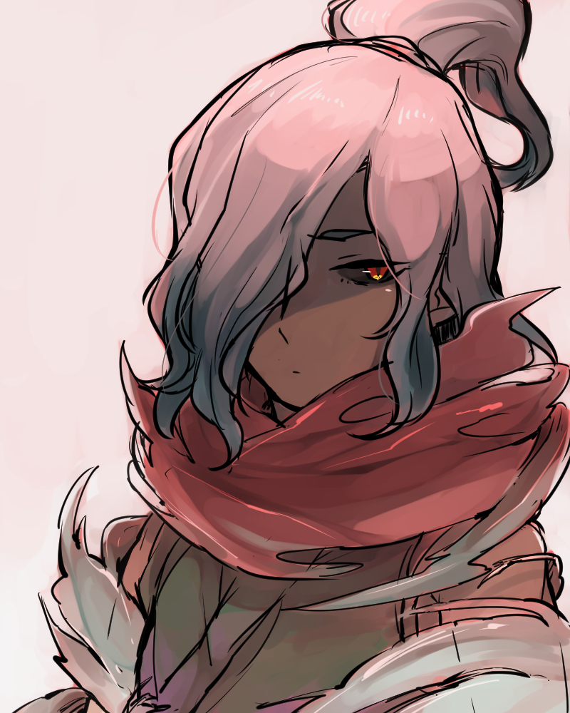 10s, 1boy, alto168, bad_id, bad_pixiv_id, dark-skinned_male, dark_skin, hair_over_one_eye, japanese_clothes, kageorochi, male_focus, monster_boy, orange_eyes, simple_background, sleeveless, solo, traditional_youkai, upper_body, youkai_watch