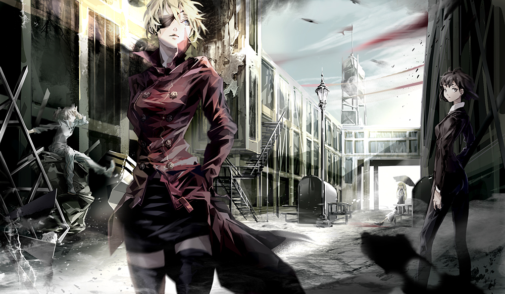 4girls, aghost-i, bad_id, bad_pixiv_id, chain_sumeragi, eyepatch, formal_clothes, k.k._(kekkai_sensen), kekkai_sensen, multiple_girls, neyka_(kekkai_sensen), thighhighs, umbrella, white_(kekkai_sensen)