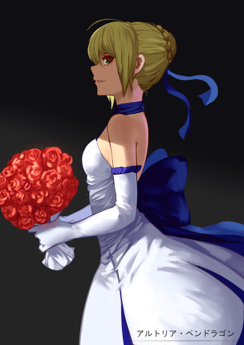 1girl, absurdres, ahoge, artoria_pendragon_(fate), bare_shoulders, blonde_hair, bouquet, breasts